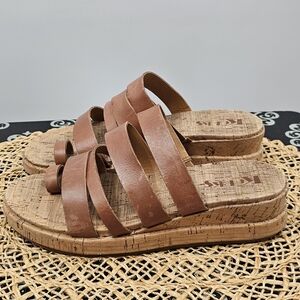 Korks Kork Ease Cork Brown Maya Leather Strappy Wedge Slip-On Sandals Size 9